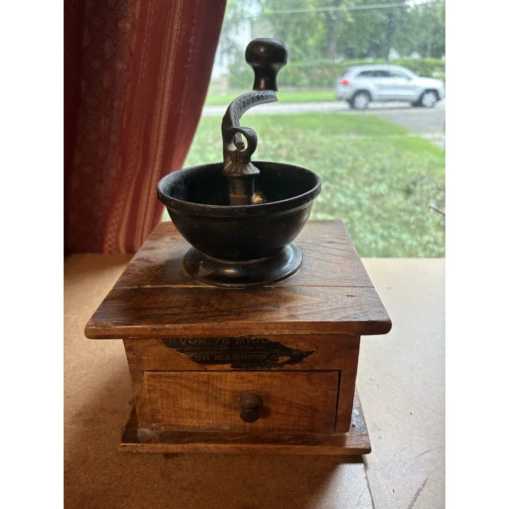 Vintage Wooden Hand Crank Coffee Grinder Mill Cast Iron Bowl Drawer Primitive